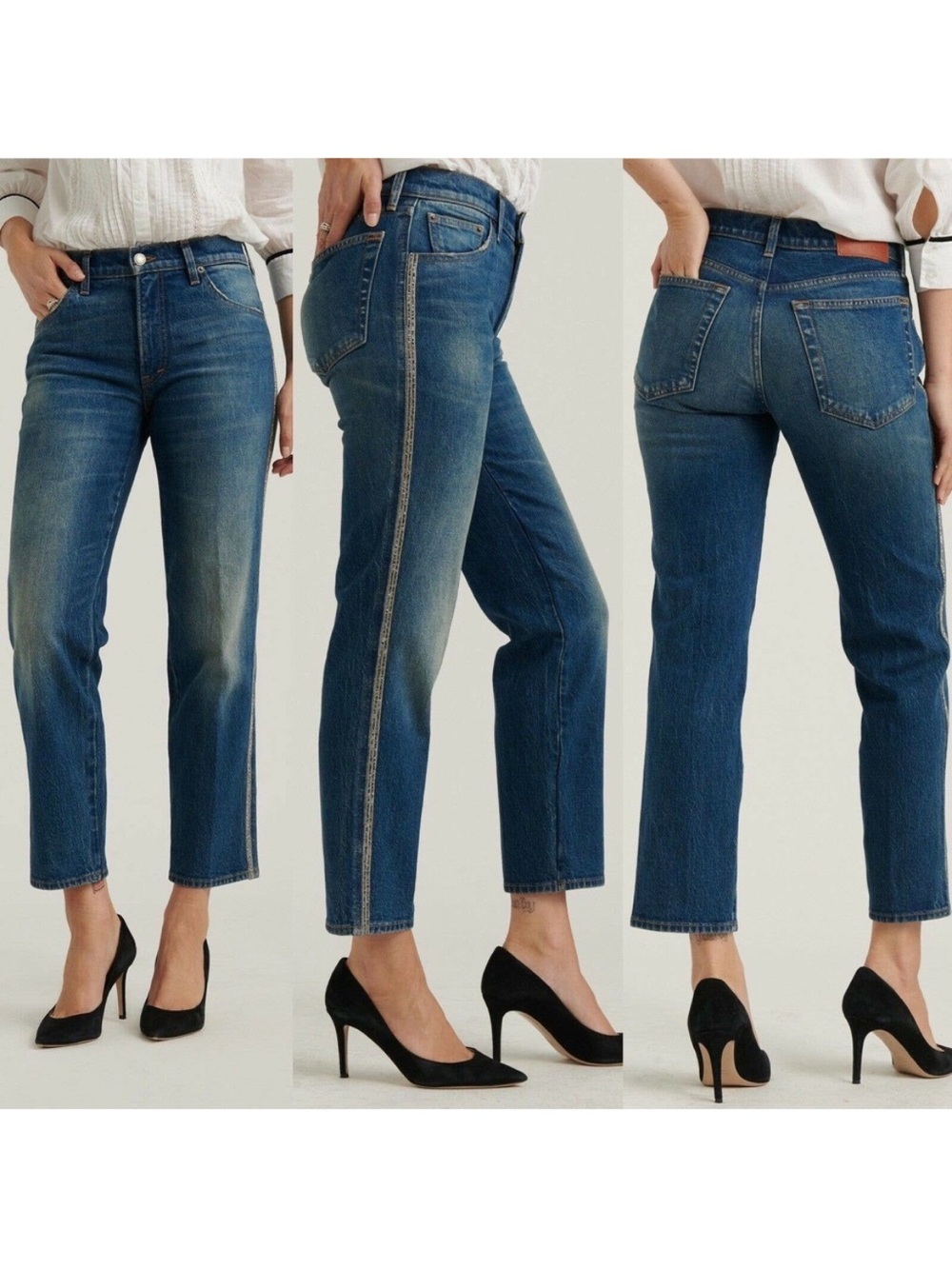 Lucky Brand Cropped Mid-Rise Authentic Straight Jeans W/Rhinestone Stripe Sz 6